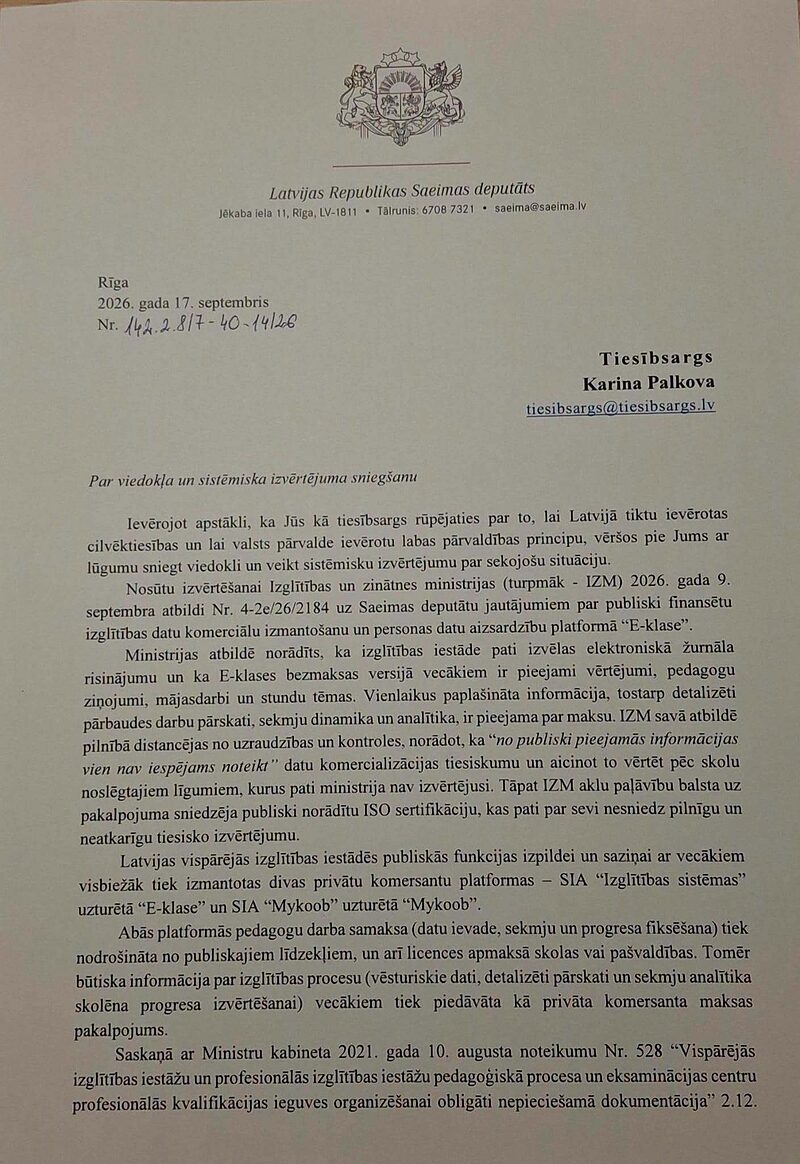 BĒRNA IZGLĪTĪBAS DATI NAV PRECE: "E-klase" un "Mykoob"